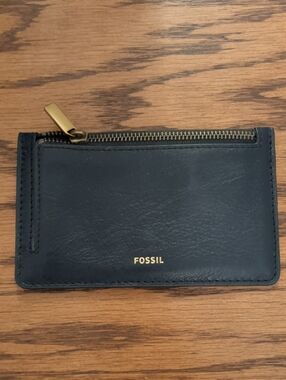 Fossil Dark Blue Leather Zip Card Holder | Gold Hardware